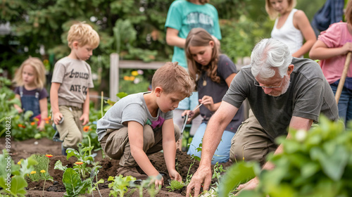 Abuelos y nietos trabajando juntos en la huerta, compartiendo conocimientos y fortaleciendo lazos familiares a través de la jardinería