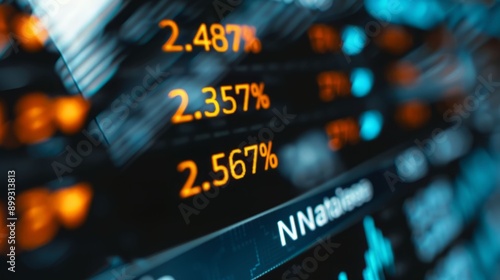 Close-up of financial data display with fluctuating percentages, representing stock market performance and investment analysis.