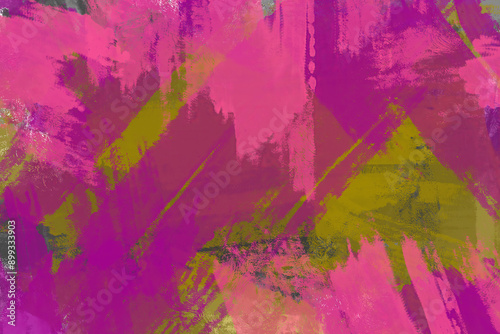 Abstract painting with bold dynamic brushstrokes featuring vibrant shades of pink, purple, and yellow rich and varied texture