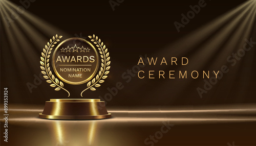 Award ceremony nomination name podium, golden prize event, scene star ceremony. Vector illustration