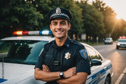 Close Portrait of Smiling young man cops stand near patrol car look at camera enforcement happy officer police uniform auto safety security communication control policeman portrait close up 