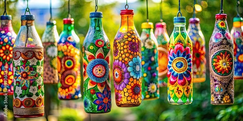 Recycled bottle decorations with colorful designs , upcycled, eco-friendly, DIY, craft, handmade, sustainable, recycled