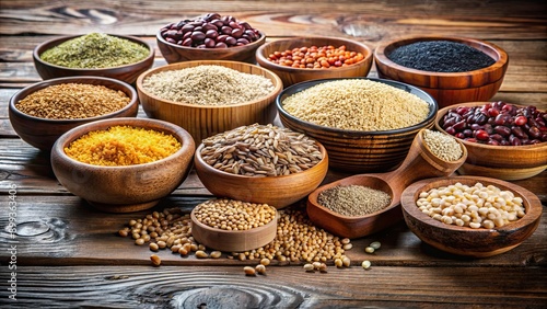 Assorted grains and seeds in wooden bowls on a table, whole grains, mixture, oats, wheat, healthy, breakfast, variety