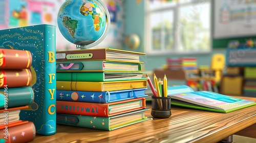 A stack of new textbooks on a wooden desk, each book with a colorful cover and title. The desk also has a globe and a cup filled with pencils. The background shows a classroom with a whiteboard.