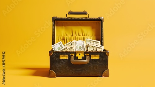 A black suitcase with yellow handles is filled with money