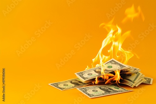 Burning stack of dollar bills against a vibrant orange background. Concept of money loss and financial crisis.