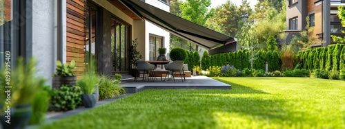  A patio featuring a table, chairs, and an umbrella in a grassy area adjacent to a house