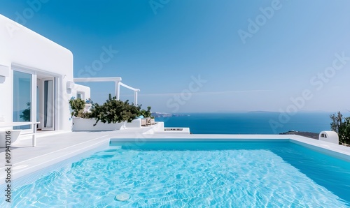 Mediterranean white summer villa atop hill with pool , Generative AI