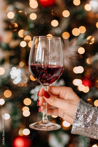 womans hand in a sheer silver sleeve holding a glass of red wine, christmas tree in the background