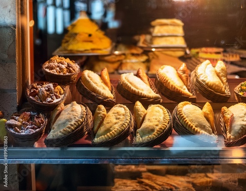 argentinian food - emponadas - Argentinian shop with a variety of empanadas displayed in a glass case and a bustling atmosphere