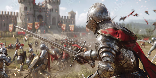 A fierce medieval battle between knights in shining armor, set in a vast open field with a castle in the background