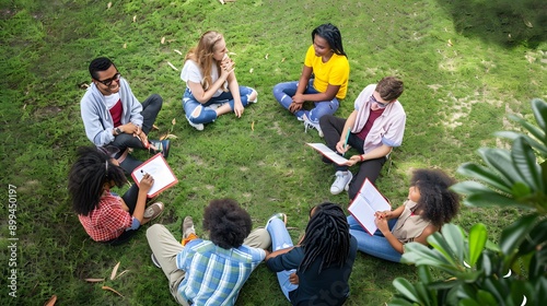 Diverse group of young adults sit in a circle on the grass, engaged in conversation.