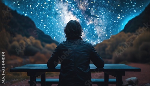 Silhouette of man star gazing on a picnic table under the Milkyway. 