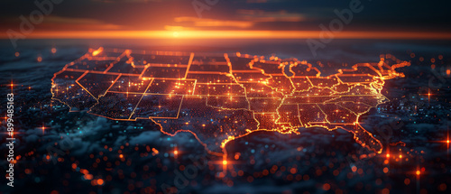 Aerial View of Illuminated United States Map at Dusk With Sunset Background