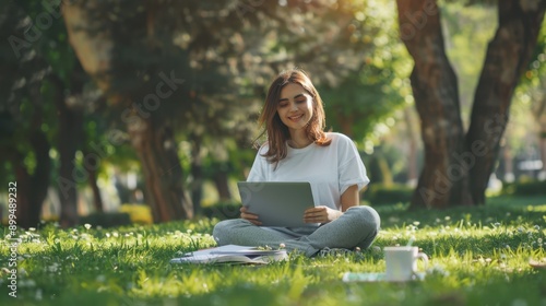 The woman with laptop outdoors