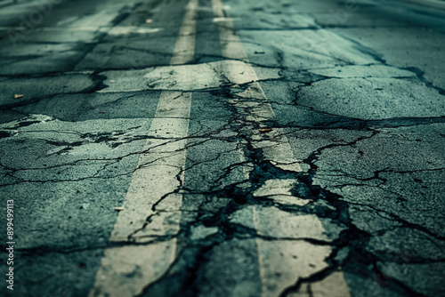 Major roads and highways cracked, split, or damaged by an earthquake, with visible fault lines and disrupted traffic, highlighting the widespread impact on infrastructure