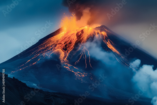 A powerful volcanic eruption with lava flows cascading down the slopes and thick columns of ash billowing into the sky, showcasing the raw energy and magnitude