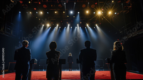 Candidates participating in a political debate on stage, under bright spotlights, facing the audience in a formal setting.