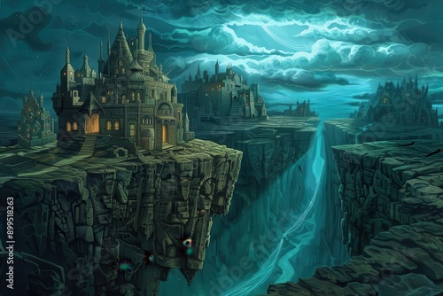 Mysterious floating castle city with dark stormy sky and glowing lights