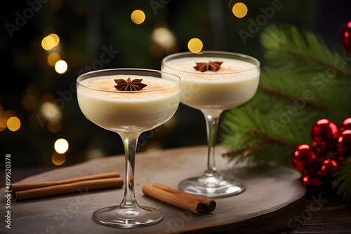 Holiday Seasonal Eggnog Cocktail garnished with Cinnamon Stick in Fancy Glassware surrounded by Christmas Melody