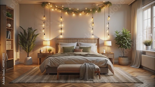 Cozy bedroom interior with a comfortable bed and warm lighting, bedroom, interior, cozy, bed, comfortable, warm, lighting