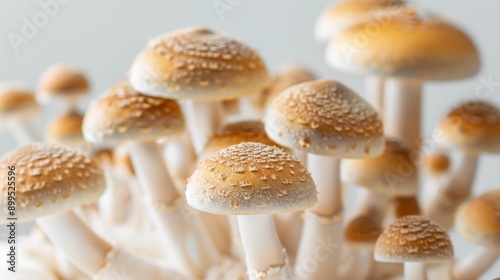 Close-up of vibrant golden teacher mushrooms with white stems and spotted caps, known for psychedelic properties