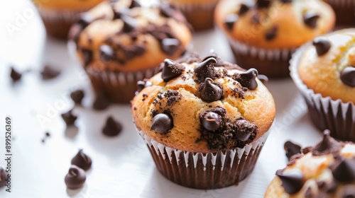 Delicious chocolate chip muffins, baked perfectly and generously sprinkled with chocolate, showcased on a clean white surface, tempting for sweet cravings