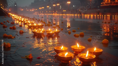 Ganges Aarti Festival . Diya Offering: Devotees offer diyas, often adorned with flowers and incense, to the Ganges River, symbolizing their gratitude, devotion, and the release of their wishes and pra