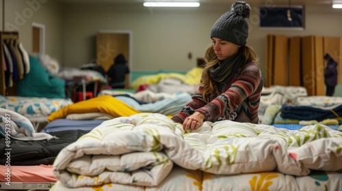 Community Volunteers Prepare Beds in Homeless Shelter for Cold Night