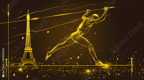 Neon Pole Vaulter: Neon outline of a pole vaulter clearing the bar with the Eiffel Tower in the background on a dark yellow background.