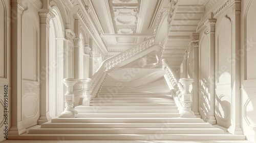 A grand, white staircase with ornate railings and columns in a stately hall. Sunlight streams through the windows, illuminating the steps.