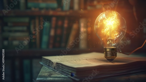 A glowing lightbulb on an open book, symbolizing inspiration and knowledge gained from reading. A bookshelf with dusty books is in the background.