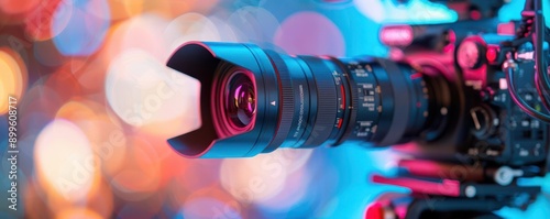 Close-up of a professional video camera lens with bokeh lights in the background.