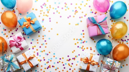 Festive white table adorned with colorful balloons, gift boxes with bows, confetti, creating a vibrant celebratory atmosphere, possibly for a birthday or special event.