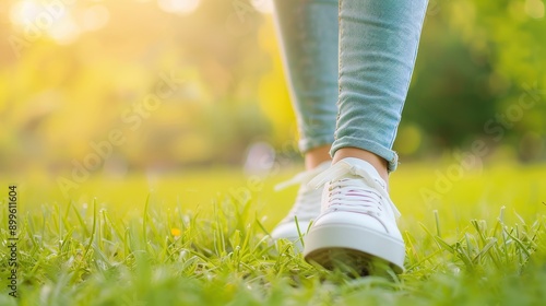 Closeup of person walking on grass in bright daylight with white sneakers and blue jeans