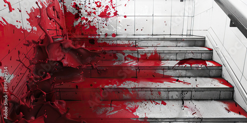 A fumbled spill on the stairs: Red paint splatters across white tile