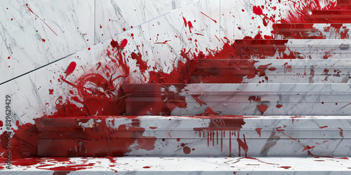 A fumbled spill on the stairs: Red paint splatters across white tile