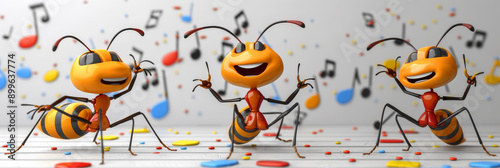 Dancing Cartoon Ants Enjoying a Colorful Party With Musical Notes in the Background