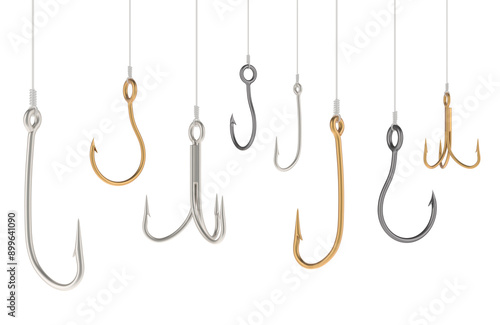 Many Fishing Hooks on fishing lines. 3D rendering isolated on transparent background