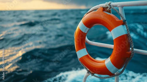 Lifebuoy on a boat, ocean in background.