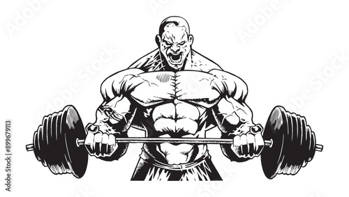 Exciting Heavy Bodybuilder Weight Lifter with Weight Posing Muceles in Standing Position Exercise Clipart White on Black Background Art Vector for T-shirts and Wallpaper Workout Athletic Gym Muscle 