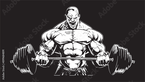 Exciting Heavy Bodybuilder Weight Lifter with Weight Posing Muceles in Standing Position Exercise Clipart White on Black Background Art Vector for T-shirts and Wallpaper Workout Athletic Gym Muscle 