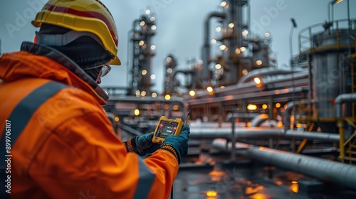 Industrial Worker Monitoring Pressure Levels in Refinery with Handheld Device Among Pipelines and Tanks