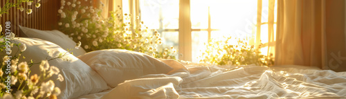 A sunlit bedroom with white linens and blooming flowers, radiating warmth and serenity through large windows as the morning light gently illuminates the space.