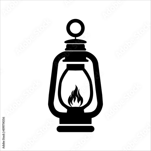 Vintage camping lantern silhouette isolated on white background. Retro gas lamp with burning wick. Flat tourist oil lantern outline vector illustration.