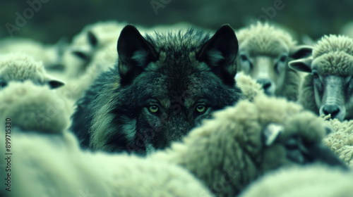 A wolf camouflaged among a flock of sheep, illustrating the concept of deception and hidden danger in nature.