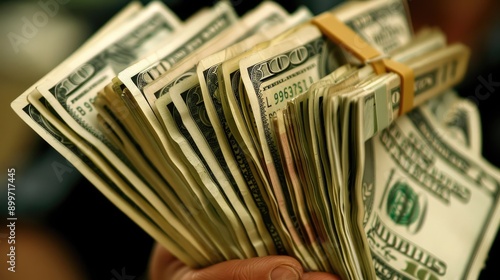 Closeup of a Hand Holding a Stack of US Dollar Bills Bundled with a Rubber Band