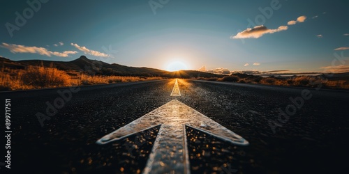 A straight road with an arrow painted on it leading to the distant horizon, symbolizing goal setting and achievement in business