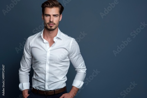 Stylish Young Man in White Shirt Posing Against Blue Background