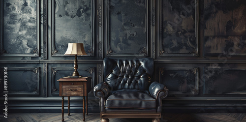 strict masculine interior in dark colors in a minimalist style, a leather chair against the background of dark wall panels in a classic style